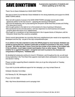 SAVE DINKYTOWN endorsement letter of thanks for Diane Hofstede